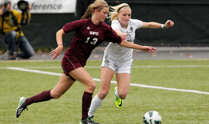 SPU's Hannah Huesers (left) helped her team to the GNAC title with a goal in the championship match, while WWU's Brianna Jones (right) was named 2013 GNAC Defensive Player of the Year.